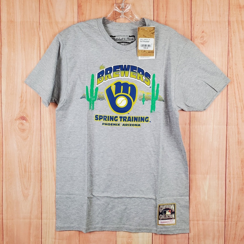 Mitchell & Ness Mens T-Shirt Medium Gray Cotton Short Sleeve Milwaukee Brewers